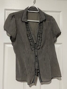 F&F Black and White Vertical-Stripe Ruffle Blouse